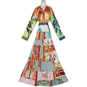 Printed V-Neck Drop-Shoulder Long-Sleeve Dress